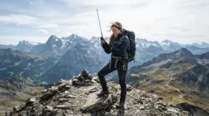 Hiker activating an emergency beacon PLB on a rugged mountain summit in bright daylight