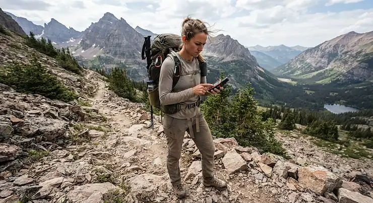 Illustration of a backpacker using a satellite messenger for hiking on a rocky mountain trail.