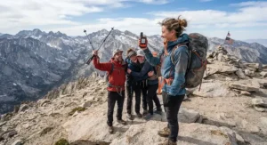 Illustration of a group of hikers at a mountain summit, with one holding up a satellite messenger to check in with friends.