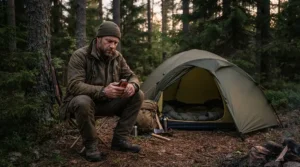 Hunter checking the battery indicator on an emergency beacon PLB at a wilderness campsite