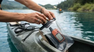 Kayaker securing an emergency beacon PLB inside a bright red dry bag