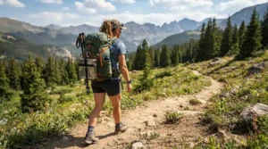 A hiker carrying a lightweight portable fire pit for camping strapped to the outside of a hiking backpack.