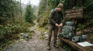 An athlete adjusting his gear and checking his GPS watch for hiking at a national park trailhead.