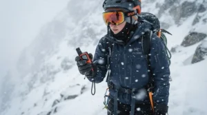 Mountaineer holding an emergency beacon PLB during a snowy winter expedition