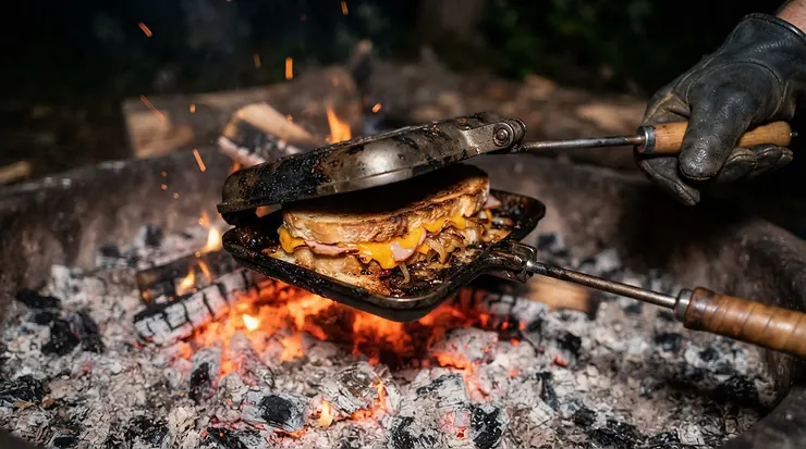 A golden brown campfire sandwich toasted in a pie iron for camping over an open fire.