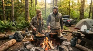 Family preparing a large meal using a double pie iron for camping at a national park.