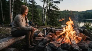 Safe cooking distance maintained with a long handle pie iron for camping over fire pit.