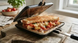 Melty cheese pizza pocket cooked to perfection inside a pie iron for camping.
