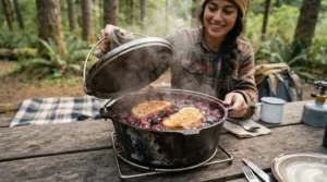 Sweet fruit dessert made inside a traditional pudgie pie iron for camping in the woods.