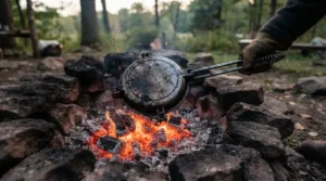Round pie iron for camping creating a sealed pocket pie with crimped edges.