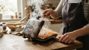 Square-shaped pie iron for camping filled with savory cheese and ham filling.