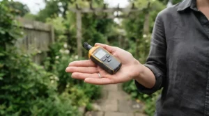 A pocket-sized portable weather station camping device held in the palm of a hand outdoors.