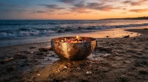 Collapsible outdoor hearth glowing brightly on a sandy beach at sunset