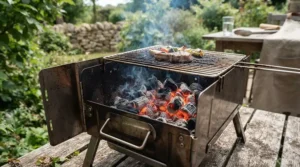 Small portable hearth equipped with a cooking grate over warm embers
