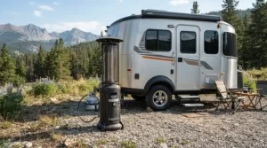Lightweight portable hearth placed outside a recreational vehicle at a park
