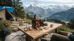 A compact portable fire pit for camping set up on a wooden picnic table at a scenic mountain campsite.