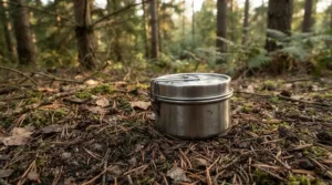 Compact metal hearth assembled at a wooded campsite during autumn