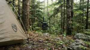 A portable weather station camping gadget mounted near a nylon tent during a weekend wilderness trip in the Rocky Mountains.