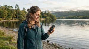 Using a portable weather station camping anemometer to check wind speed at a lakeside campsite.