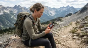 Illustration of a hiker sending a two-way text message to family using a satellite messenger for hiking.