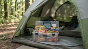 Portable caddy organizer included in a s'mores kit for camping packed with sweet treats inside a tent
