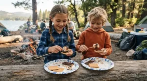 Children excitedly assembling treats from a s'mores kit for camping during a summer evening