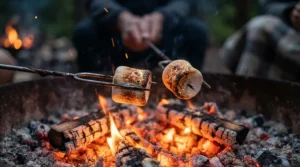 Close-up of golden brown marshmallows on rotating forks from a s'mores kit for camping