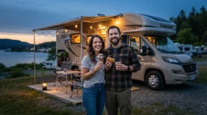 Happy couple preparing a s'mores kit for camping outside a recreational vehicle at dusk