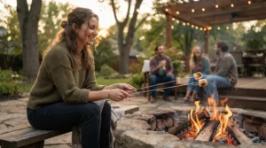 Person using telescoping roasting sticks from a s'mores kit for camping near a backyard fire pit