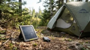 A solar-powered portable weather station camping unit charging outside a dome tent in sunny weather.