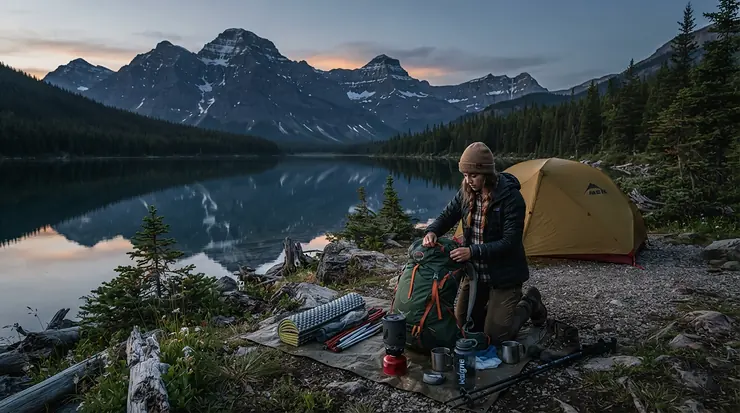A backpacker packing up a compact summer sleeping bag for backpacking near a remote alpine lake at sunrise.