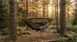 A lightweight summer sleeping bag for backpacking used inside a backcountry hammock among tall pine trees.
