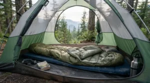 Inside view of a tent showing a compact summer sleeping bag for backpacking laid out on a sleeping pad.