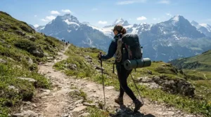 A hiker carrying a lightweight summer sleeping bag for backpacking strapped to their pack on a scenic mountain trail.