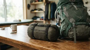 Demonstrating the tiny packed size of a summer sleeping bag for backpacking next to a modern hiking backpack.