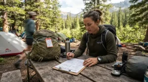 A backpacker reviewing temperature ratings for a summer sleeping bag for backpacking during trip planning.