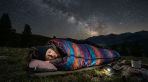 A backpacker relaxing in a breathable summer sleeping bag for backpacking while stargazing at a wilderness campsite.