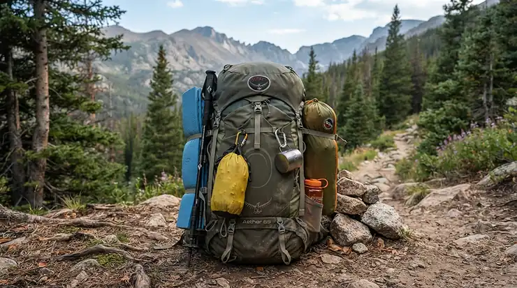 An ultra-portable summer sleeping bag for festivals strapped securely to the bottom of a hiking backpack