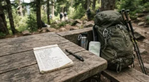A camping checklist next to a rolled summer sleeping bag for festivals on a wooden picnic table