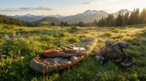 Sunlight hitting a breathable summer sleeping bag for festivals zipped open on a warm morning