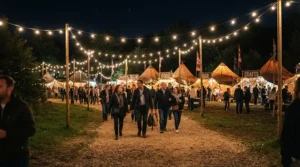 Festivalgoers returning to their campsite where a summer sleeping bag for festivals awaits
