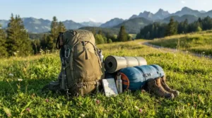 Minimalist gear including a summer sleeping bag for festivals ready for a quick one-night trip