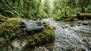 A rugged waterproof portable weather station camping tool placed on a mossy rock near a forest stream.