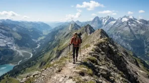 A female backpacker utilizing a sleek GPS watch for hiking while navigating a rocky alpine ridge.