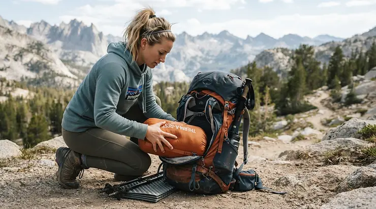 A hiker packing a budget mummy sleeping bag into a backpack for an entry-level backpacking trip