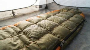 A budget mummy sleeping bag featuring synthetic insulation spread out inside a backcountry tent