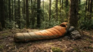 A budget mummy sleeping bag priced under $150 laid out on a forest floor for a weekend trip