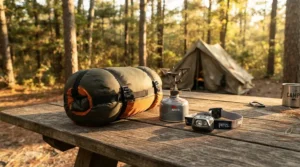 A budget mummy sleeping bag shown alongside outdoor gear highlighting a great warmth-to-cost ratio