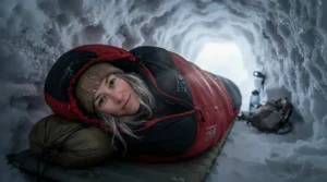 A budget mummy sleeping bag used in a winter backpacking shelter surrounded by snow