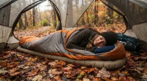 Cozy autumn camping scene featuring a camper in a mummy sleeping bag for side sleepers